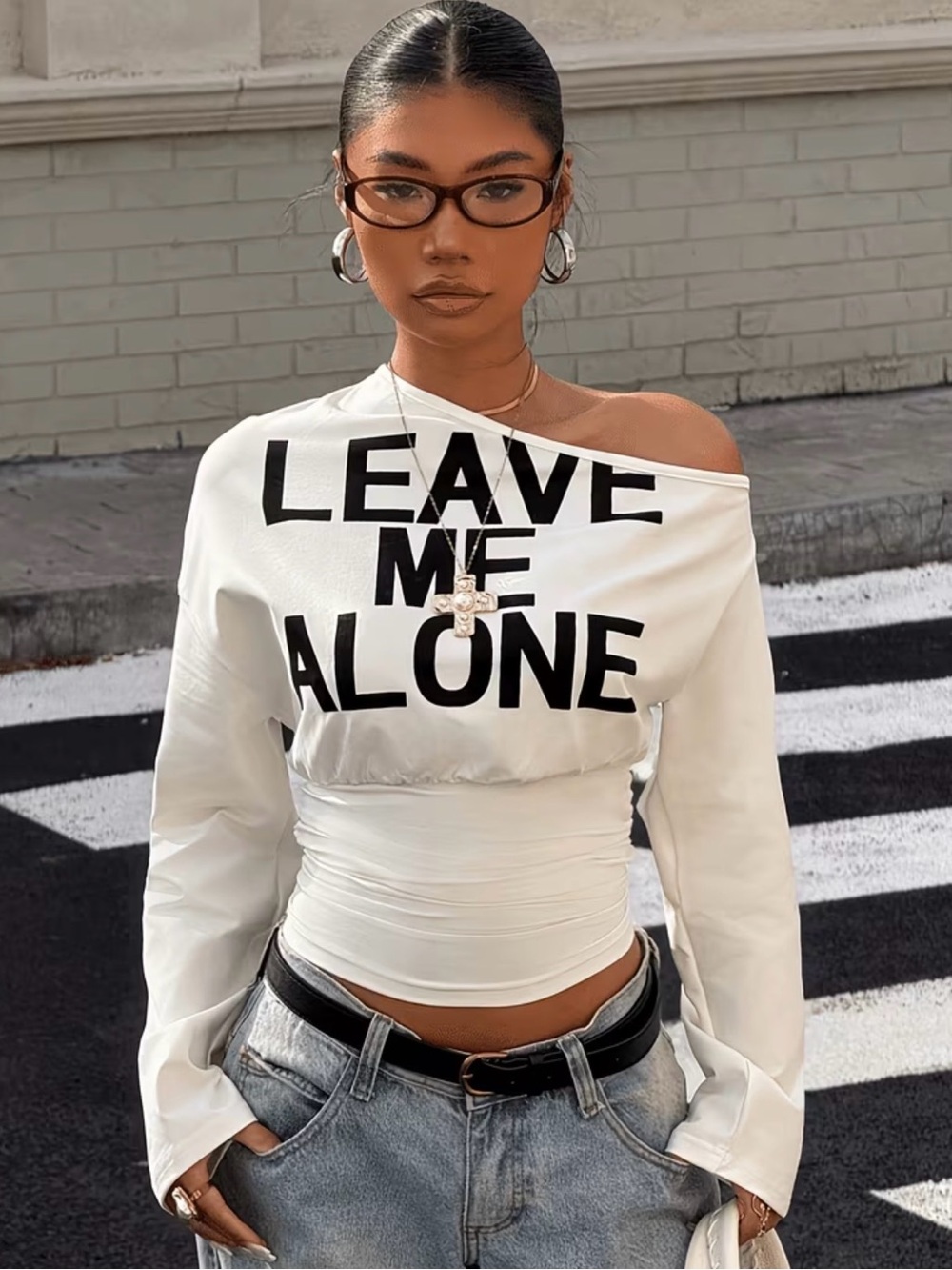 White Graphic Off-Shoulder Long-Sleeve Top - "Leave Me Alone"
